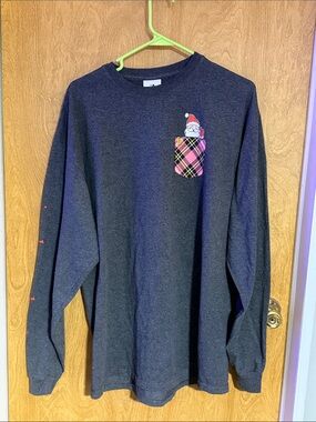 Simply Southern Charcoal Long Sleeve Tee with Pink Plaid Pocket and Santa